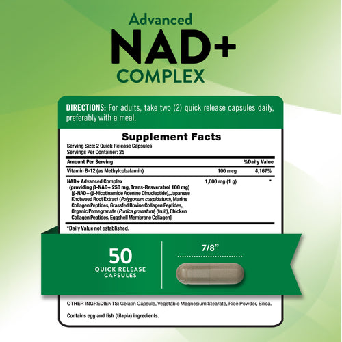 Supplement Facts for NT NAD Collagen Resveratrol 50 Capsules shown on product label.