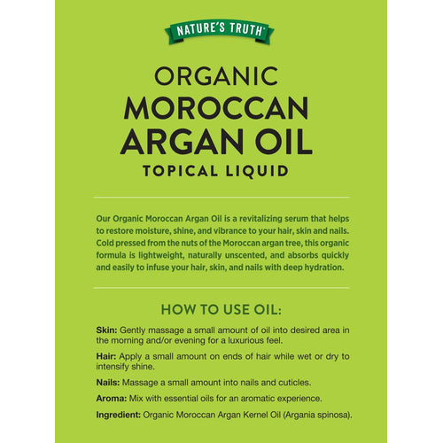 Organic Moroccan Argan Oil topical liquid. Revitalizing serum for hair, skin, and nails. Ingredient: Argania spinosa.