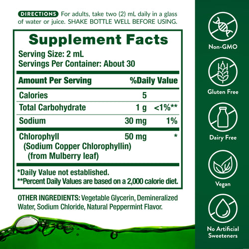 Supplement Facts panel of Chlorophyll 2 oz Liquid showing nutritional information.