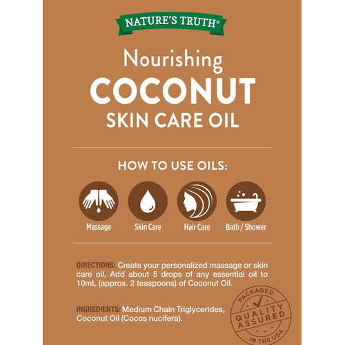 Nourishing Coconut Skin Care Oil label. Uses: Massage, Skin Care, Hair Care, Bath/Shower. Directions, ingredients. Quality Assured.