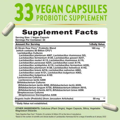 Supplement Facts panel showing ingredients for Raw Flora 50 Billion with 33 capsules.