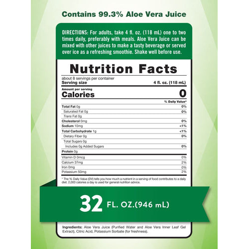 Aloe Vera Juice Unflavored bottle, 32 fl. oz. (946 mL), held in hand, showcasing size and scale of the product.