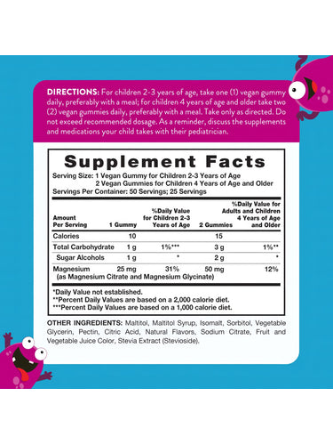 Supplement Facts panel for Kids Magnesium Berry Gummies, containing 50 gummies.