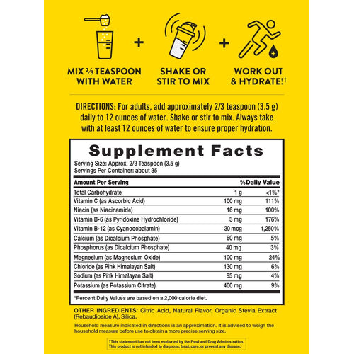 Illustration showing 2/3 teaspoon of Electrolyte Hydration Powder being mixed into water.