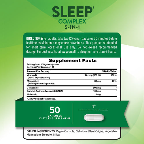 NT 5-in-1 Sleep Complex, 50 capsules, dietary supplement for sleep support.