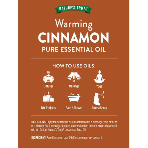 Nature's Truth Warming Cinnamon Pure Essential Oil infographic. Uses: Diffuser, Massage, Yoga, DIY Projects, Bath/Shower, Aroma Spray.
