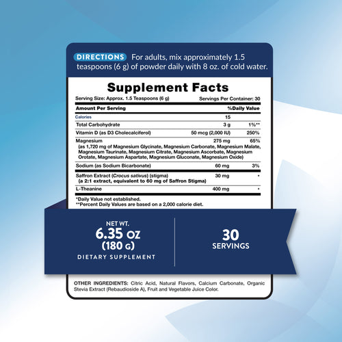 Ingredients and nutritional information for Magnesium 10 + Saffron Fizzy Powder 6.35oz supplement.