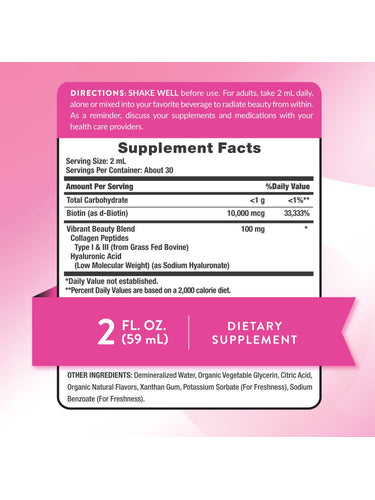 Supplement Facts panel for Collagen Biotin Hyaluronic Liquid 2 fl oz bottle.
