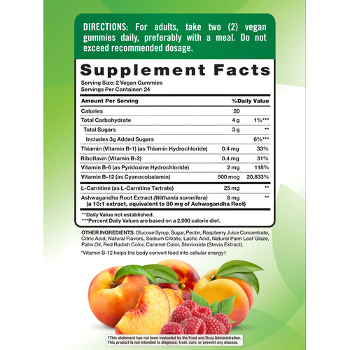 Supplement Facts panel for B-12 Energy Gummies, showing details for a bulk scale of 48 gummies.