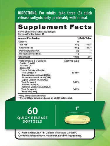 Triple Omega 3-6-9 3600 mg con Pescado, Lino, Borraja
