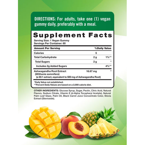 Supplement Facts panel for Ashwagandha gummies showing dosage and nutritional details, featuring 60 gummies per bottle.