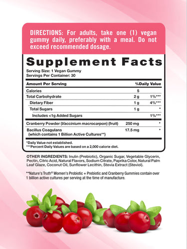 Supplement Facts label for Women's Probiotic with 30 gummies, details ingredients, and nutritional information.