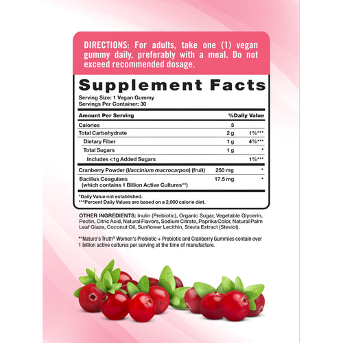 Supplement Facts label for Women's Probiotic with 30 gummies, details ingredients, and nutritional information.