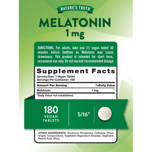 A 5/16 inch melatonin vegan tablet is shown on a hand scale, emphasizing its small size and suitability for vegans.