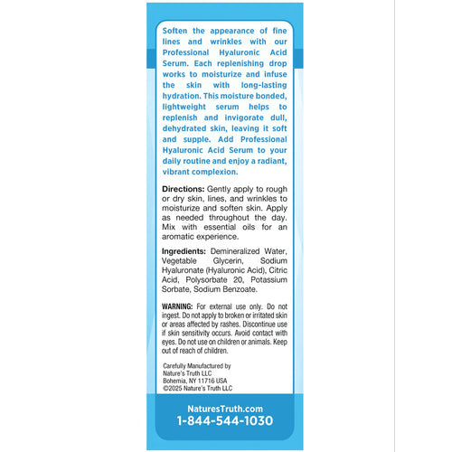 Label for Professional Hyaluronic Acid Serum, including product description, directions, ingredients, warnings, and company details.