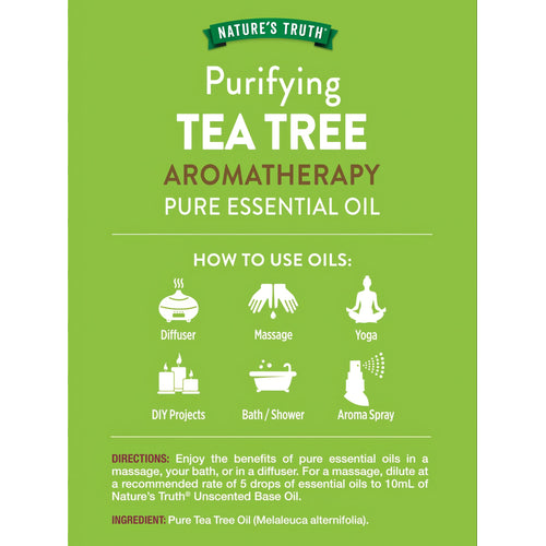 Graphic showing how to use Purifying Tea Tree Pure Essential Oil for aromatherapy: Diffuser, Massage, Yoga, DIY, Bath/Shower, Aroma Spray.