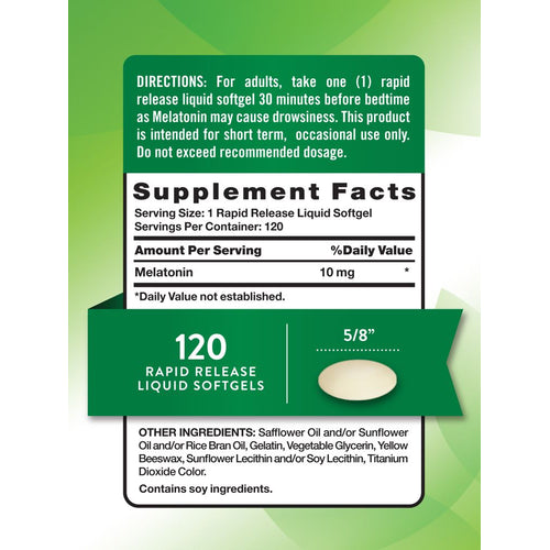 A hand holding a single 5/8 inch Rapid Release Liquid Softgel for easy dosage measurement.