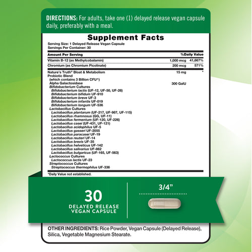 Supplement Facts for NT Bloat + Metabolism, 30 capsules.