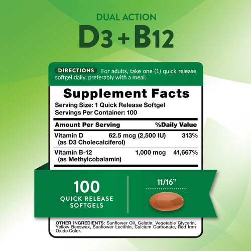 Supplement Facts panel shows information for D3 + B12 100 Softgels, including serving size, ingredients, and nutritional details.