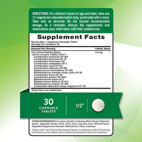 A single white round chewable tablet on a hand for scale, measuring 1/2 inch in diameter.