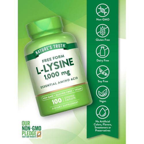 View 3 L-Lysine 1,000 mg bottle containing 100 coated caplets shown on a hand scale.