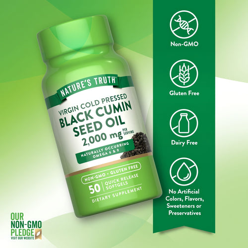 Blackseed Oil bottle: Non-GMO, gluten-free, dairy-free, no artificial colors, flavors, sweeteners, or preservatives.