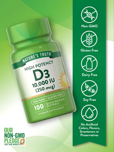 Bottle of Vitamin D3 10,000 IU (250 mcg) containing 100 quick release softgels, displayed with a hand for scale.