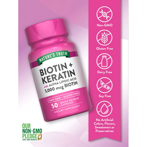 50 quick-release capsules of Biotin and Keratin with Alpha Lipoic Acid, containing 5,000 mcg of Biotin.