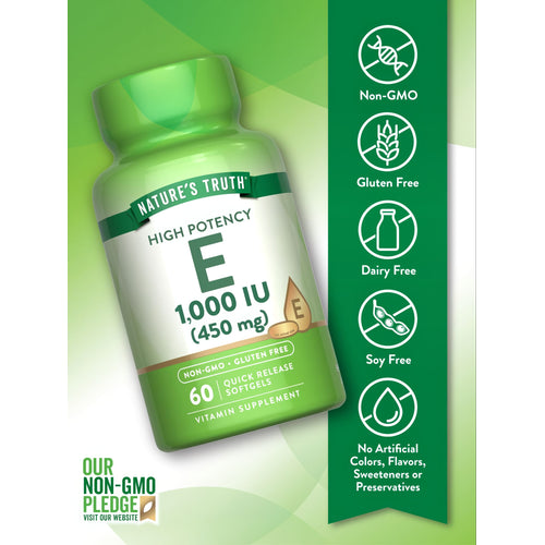 Nature's Truth High Potency E Quick Release Softgel, 1,000 IU (450 mg), held to show scale in hand.