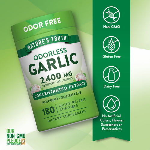Odorless Garlic bottle with icons indicating Non-GMO, Gluten-Free, Dairy-Free, and no artificial colors, flavors, or sweeteners.
