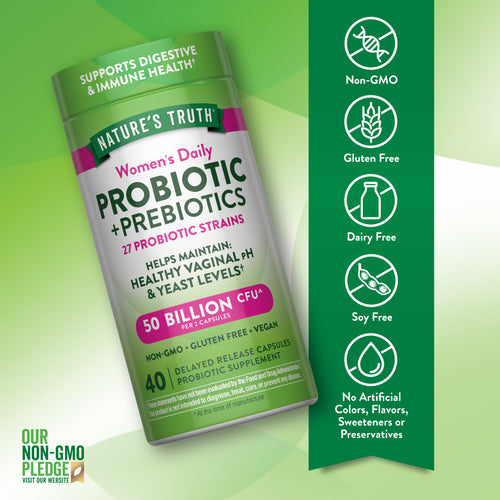 Nature's Truth Women's Daily Probiotic + Prebiotics 50 Billion CFU with 40 delayed release capsules.