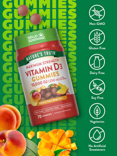 Vitamin D3 10,000 IU (250 MCG) Peach Mango flavored gummies in a bottle with two gummies shown separately.