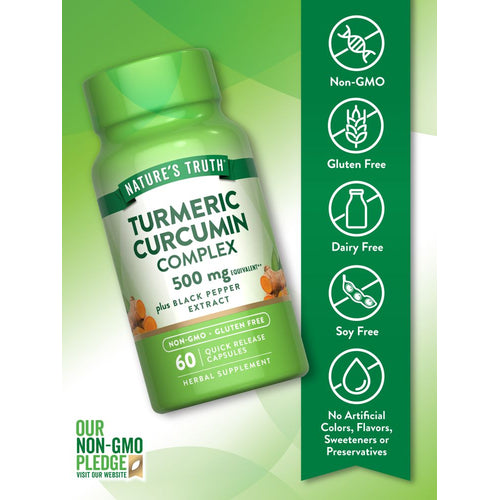 Turmeric Curcumin Complex 500 mg with Black Pepper Extract; 60 Quick Release Capsules on a hand scale.