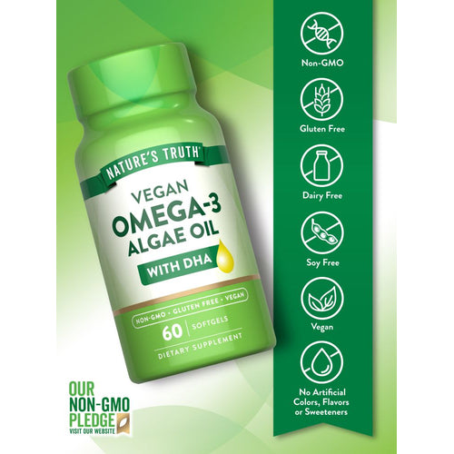 Bottle of Nature's Truth Vegan Omega-3 Algae Oil with DHA, containing 60 softgels, shown on a hand for scale.