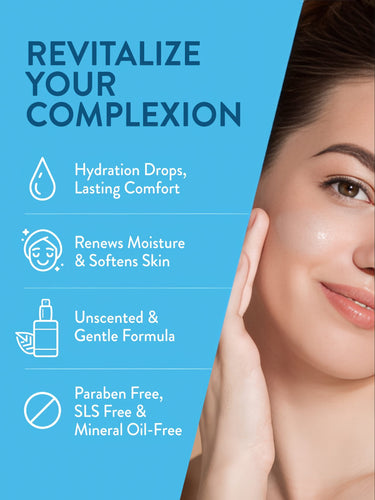 Product highlights graphic stating Hydration Drops, Lasting Comfort, Renews Moisture & Softens Skin, Unscented & Gentle, Paraben/SLS/Mineral Oil-Free