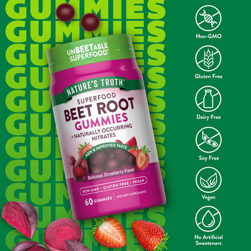 NT Beet Root 60 Gummies, strawberry flavor, bottle with loose gummies, sliced beet roots, and fresh strawberries visible.