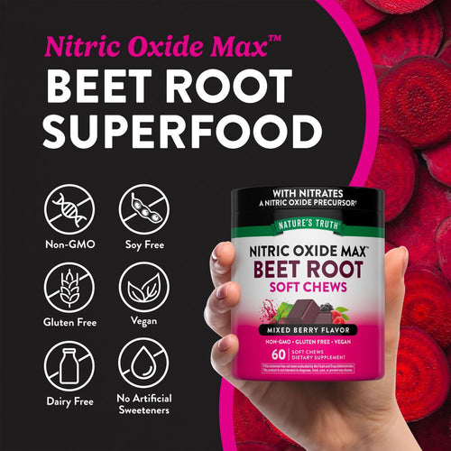 A hand holding a jar of Nitric Oxide Max Beet Root Soft Chews in Mixed Berry Flavor, containing 60 soft chews.