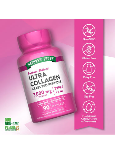 Ultra Collagen bottle: Non-GMO, Gluten Free, Dairy Free, Soy Free, free from artificial colors, flavors, and sweeteners.