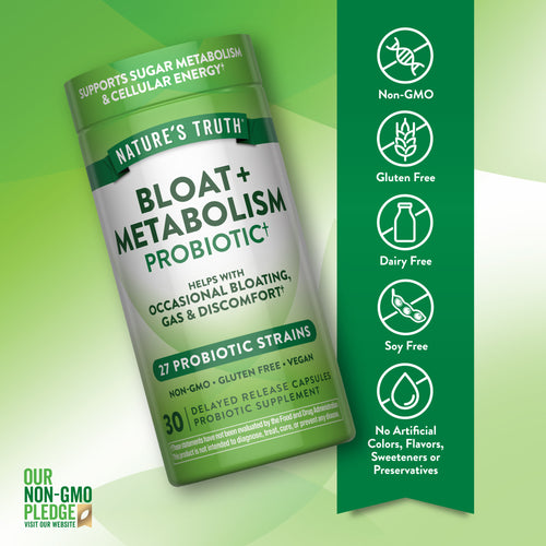 Nature's Truth Bloat + Metabolism Probiotic, featuring 30 delayed-release capsules.