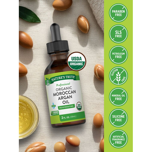 Argan Oil bottle: Paraben Free, SLS Free, Petroleum Free, Gluten Free, Mineral Oil Free, Silicone Free, Artificial Fragrance Free