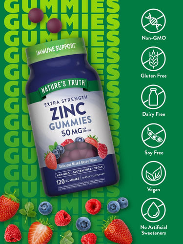 Zinc Gummies bottle labeled as Non-GMO, Gluten Free, Dairy Free, Soy Free, Vegan, and with No Artificial Sweeteners.