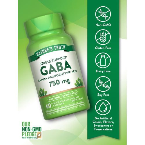 Hand holding a bottle of 750 mg GABA Quick Release Capsules, suitable for bulk purchase and easy daily supplementation.