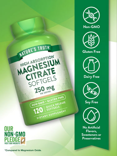 Hand holding Magnesium Citrate 250 mg Quick Release Softgels, 120 count bottle on a scale.