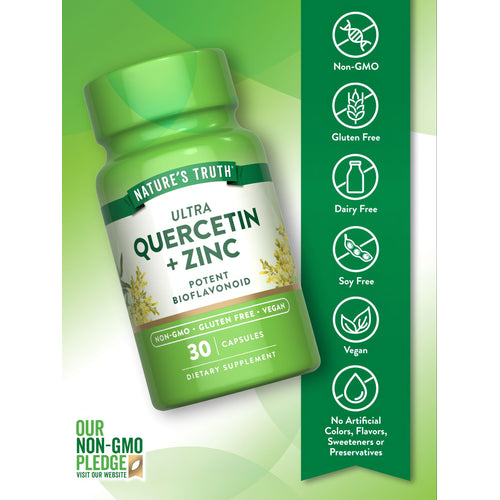 View 3 Ultra Quercetin + Zinc 30-capsule bottle shown on a hand for size reference.