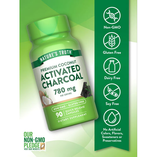 Activated Charcoal bottle: Non-GMO, Gluten Free, Dairy Free, Soy Free, free from artificial colors, flavors, sweeteners, preservatives.