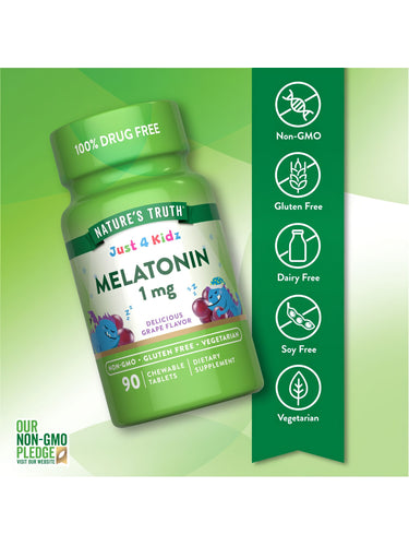Bottle of Kids Melatonin: Non-GMO, gluten-free, dairy-free, soy-free, and vegetarian, displayed on a hand scale.