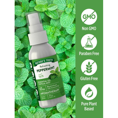 A 71 mL (2.4 FL. OZ.) bottle of Refreshing Peppermint Topical Spray shown for scale in hand.