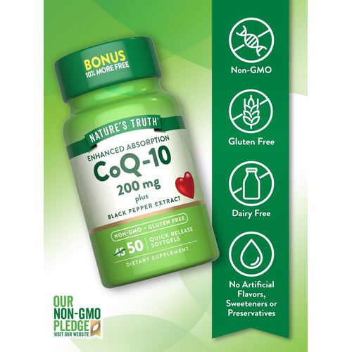 Nature's Truth CoQ-10 200 mg with Black Pepper Extract, Quick Release Softgels, 50 count.