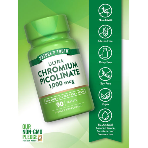 View 3 Chromium Picolinate bottle: Non-GMO, Gluten Free, Vegan, Dairy Free, Soy Free, No Artificial Colors/Flavors/Sweeteners/Preservatives