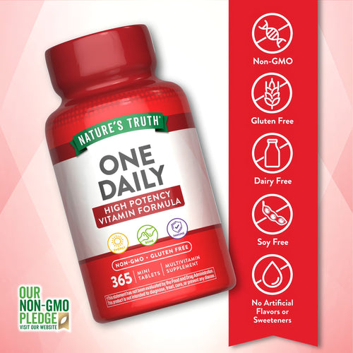 A hand holding a bottle of 365 mini tablets daily multivitamins, emphasizing bulk scale packaging.